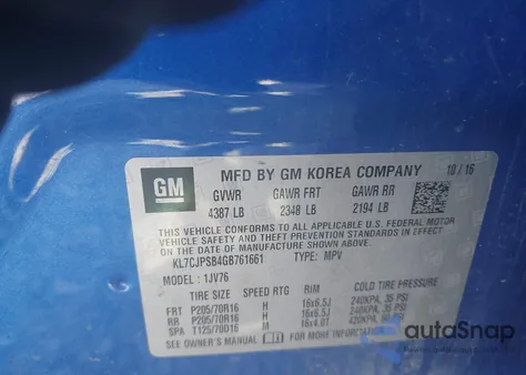 2016 Chevrolet Trax 1Lt из США, поврежденный, VIN KL7CJPSB4GB761661